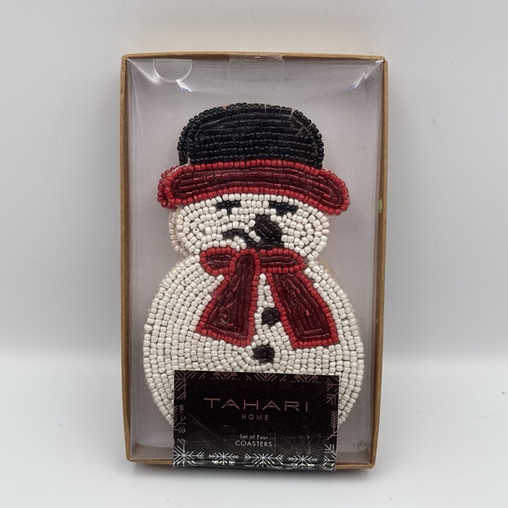 TAHARI Beaded Coasters Set Of 4 Snowman‎ White Red Black 6 Inches NIP